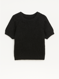 Wool sweater with short raglan sleeves, round neck, and ribbed cuffs, featuring a relaxed fit.